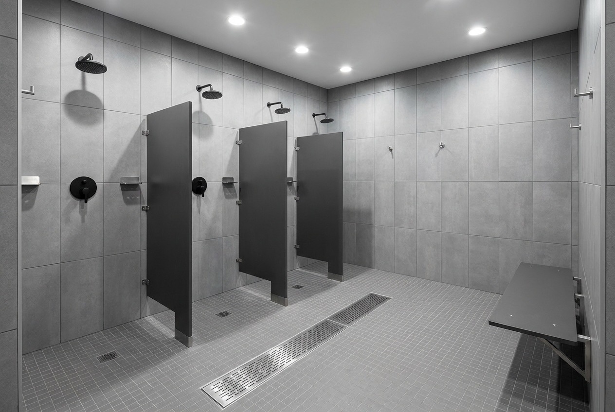 Commercial gym shower area with individual stalls and teak benches