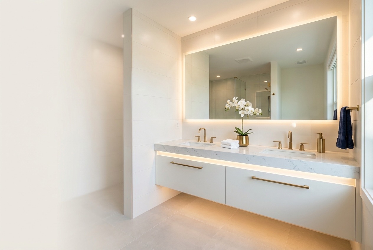 Modern commercial bathroom renovation with ADA-compliant fixtures and partition walls