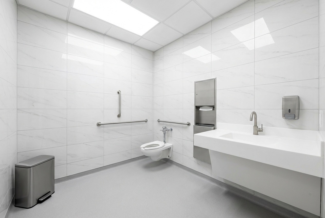 Medical clinic bathroom with antimicrobial surfaces and grab bars