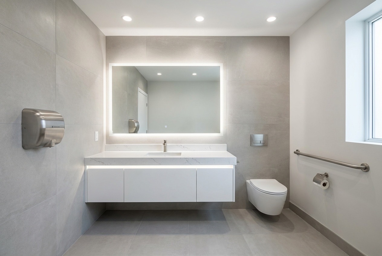 Modern commercial office bathroom with white partition walls and polished floors