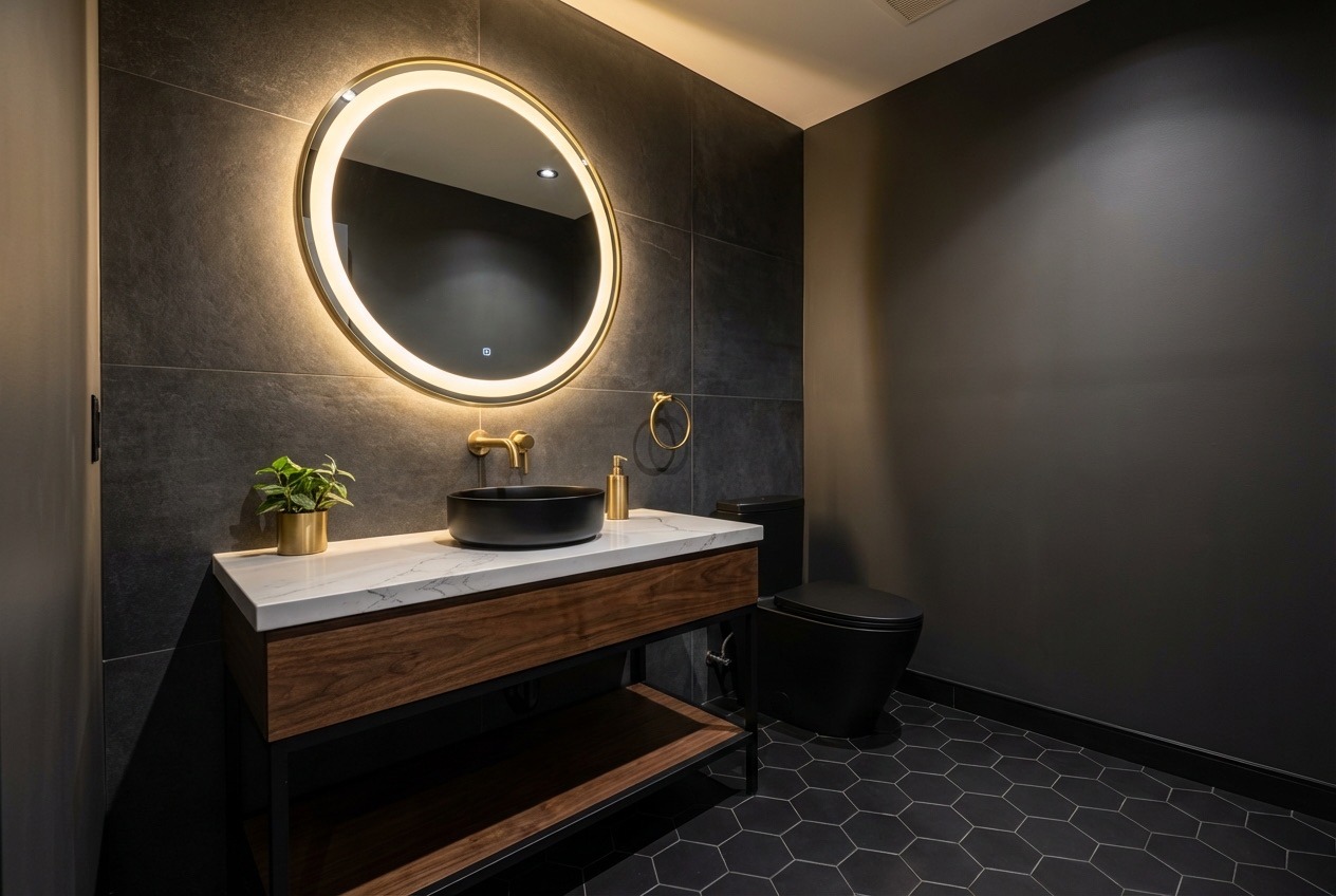 Stylish restaurant bathroom with dark tile and brass fixtures