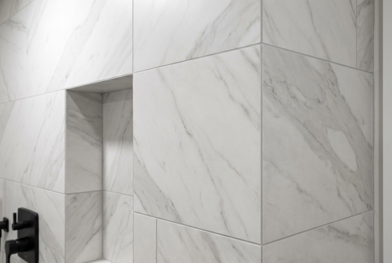 Large format porcelain tile bathroom with subtle veining pattern