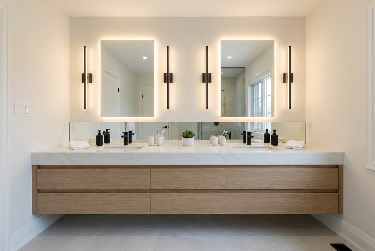 Luxury dual vanity bathroom with undermount sinks and backlit LED mirrors