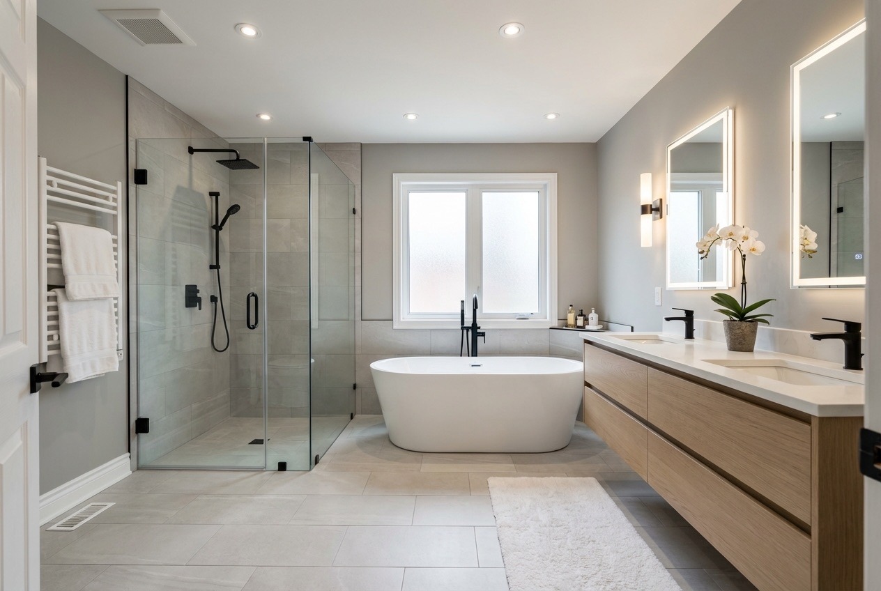 Full room luxury en suite bathroom with spa aesthetic and neutral tones