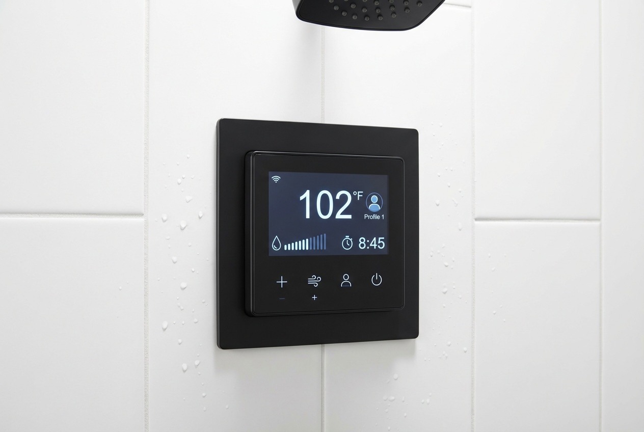 Digital thermostatic shower control panel with backlit display