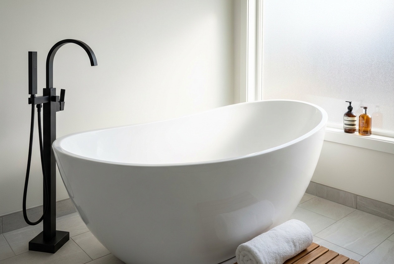 Freestanding white soaker tub with floor-mounted filler