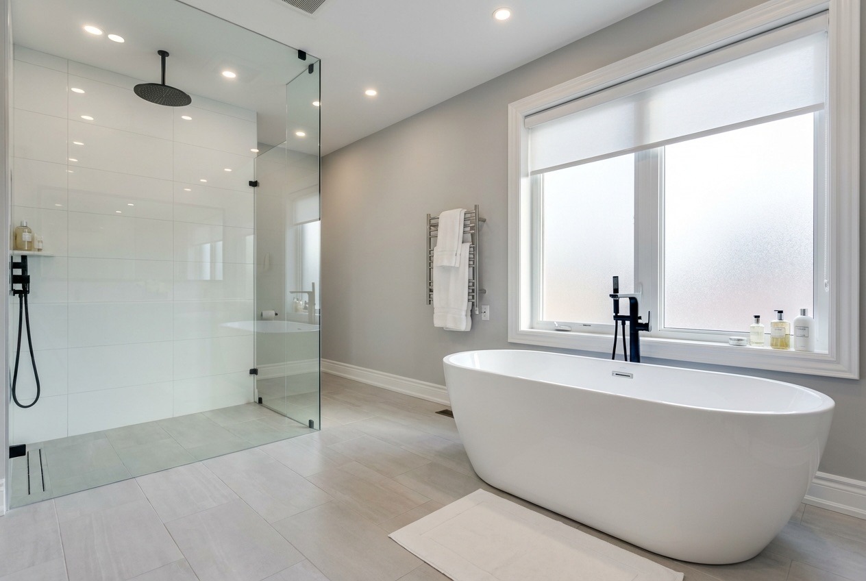 Freestanding soaker tub beside curbless walk-in shower