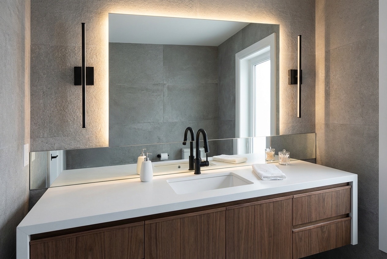 Modern vanity installation in 3-piece bathroom