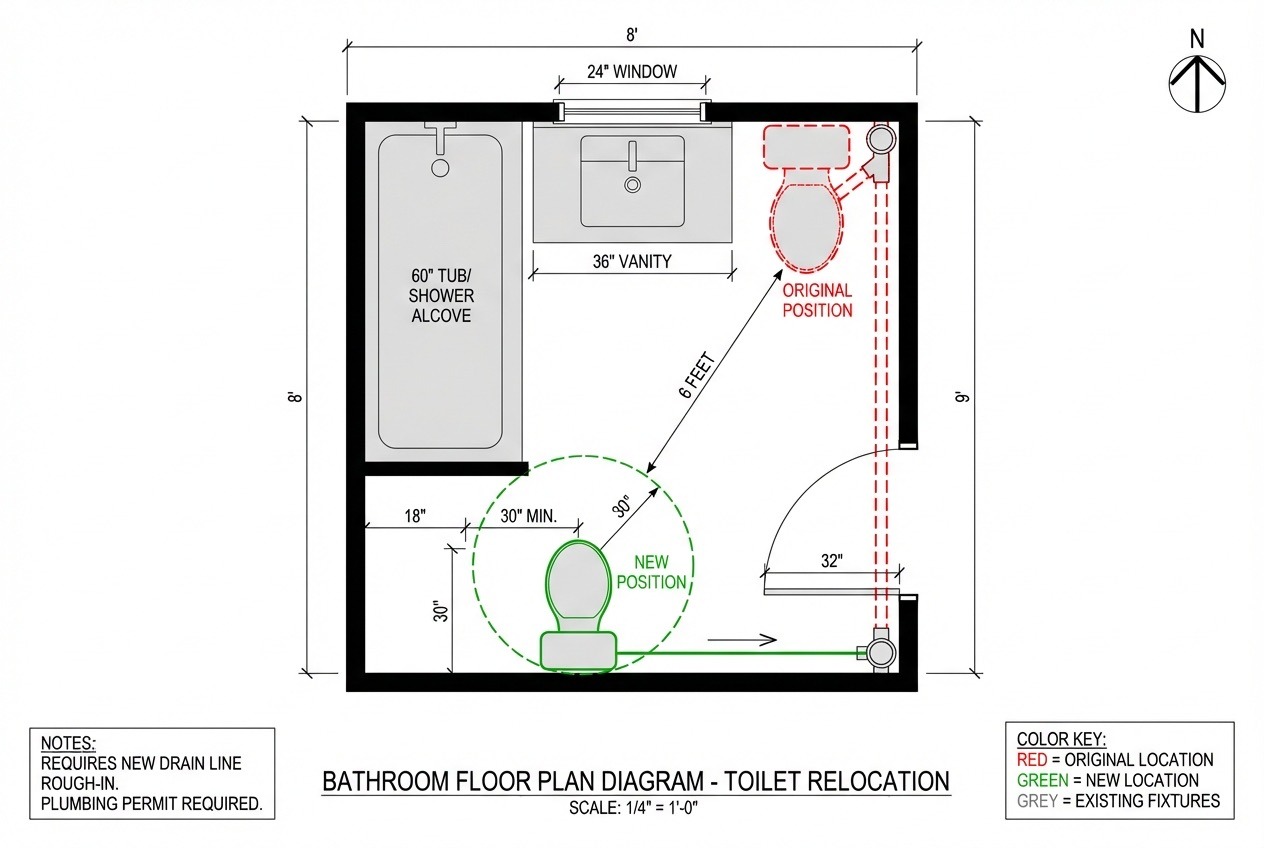 Bathroom floor plan showing toilet relocation options