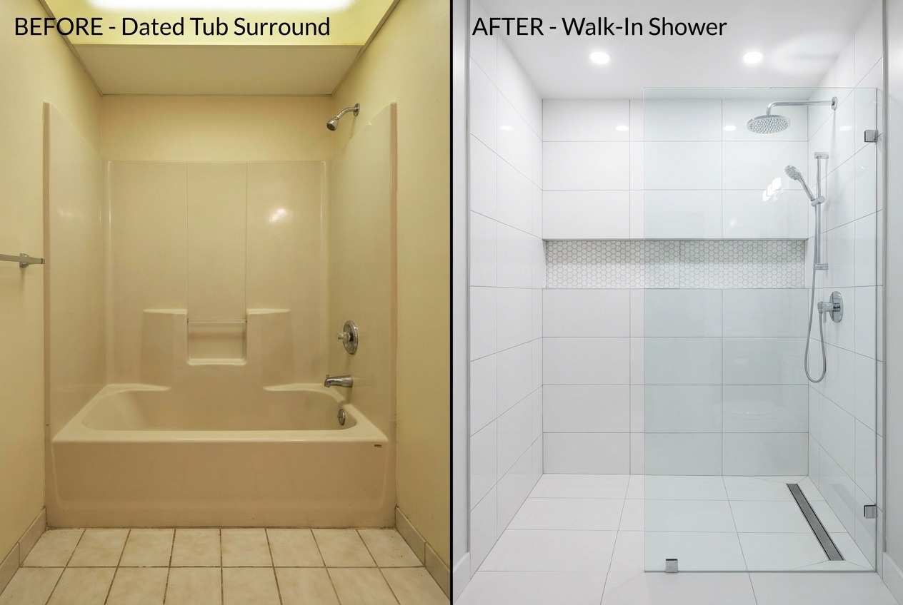 Before and after: tub converted to walk-in shower in Richmond Hill bathroom