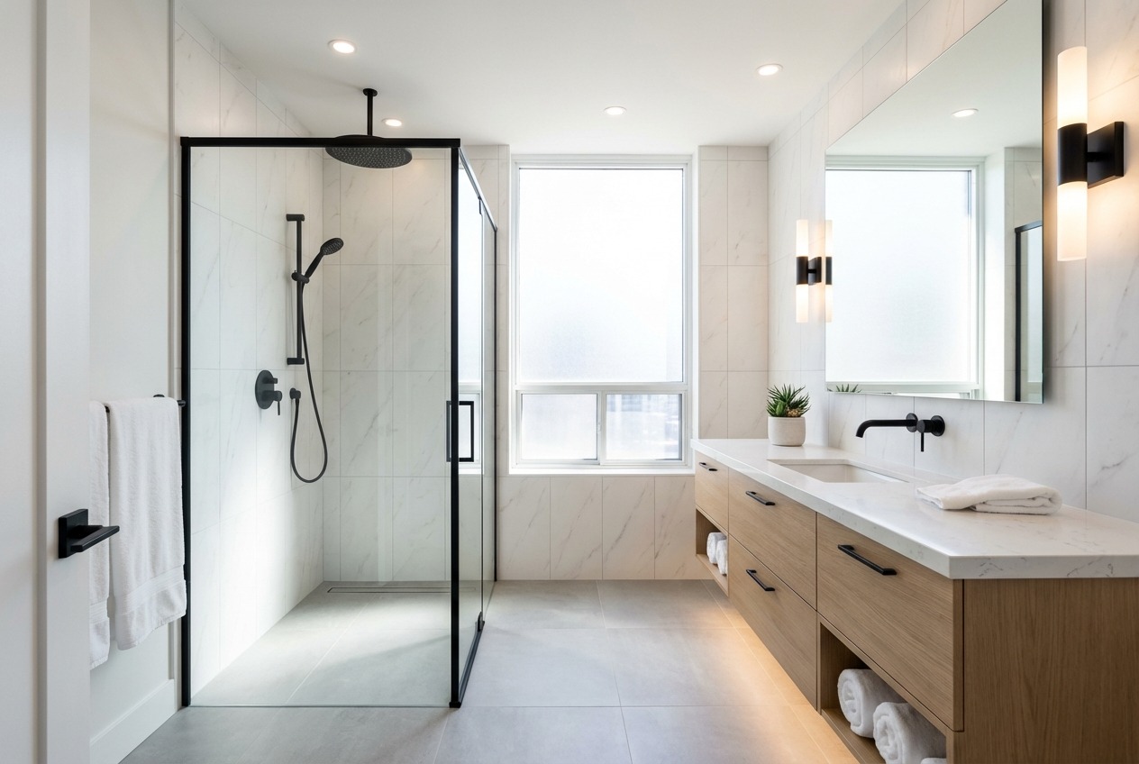 North York Modern Bathroom Renovation by RenoEthics