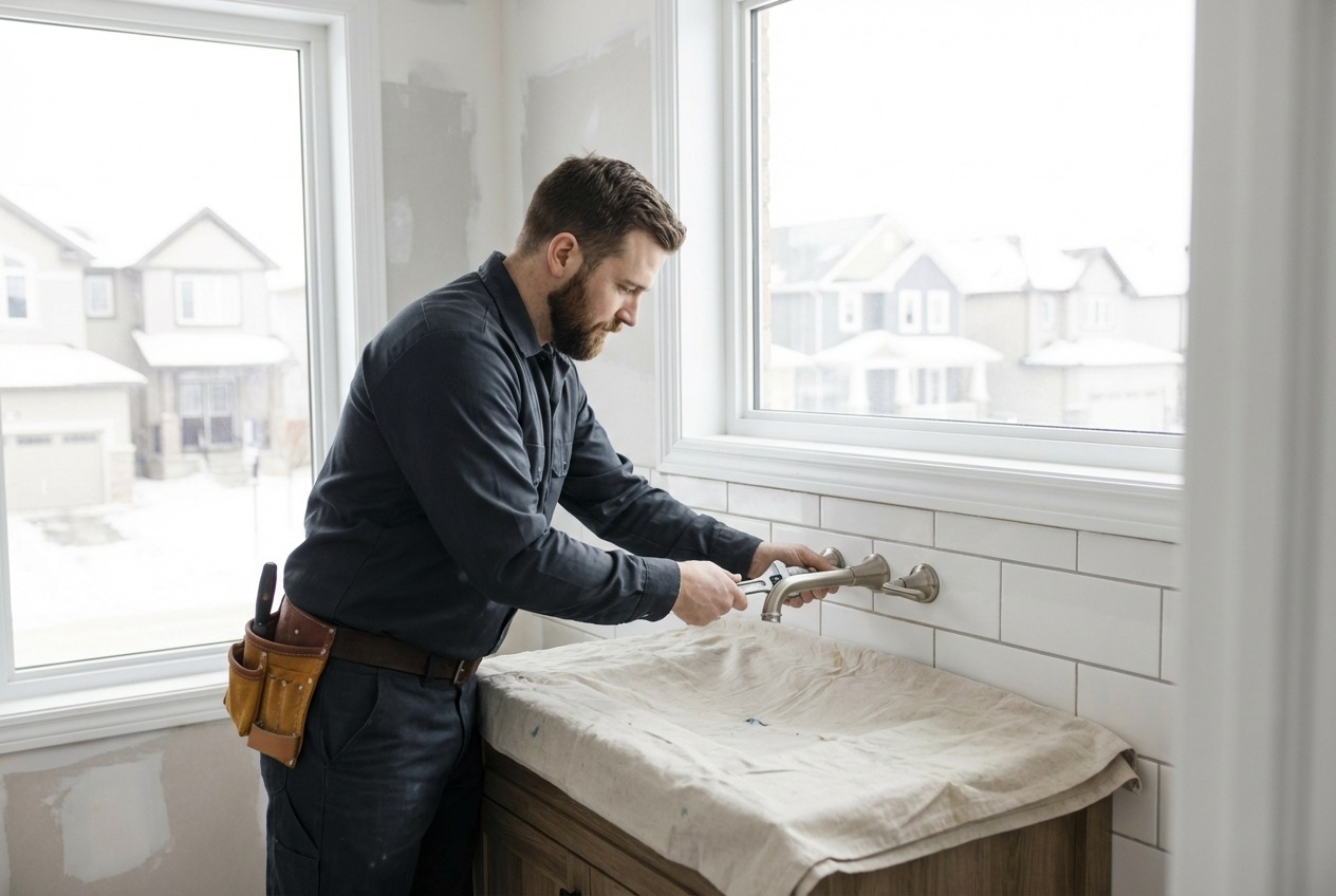 Licensed plumber installing a modern wall-mounted faucet in a partially renovated bathroom in Richmond Hill