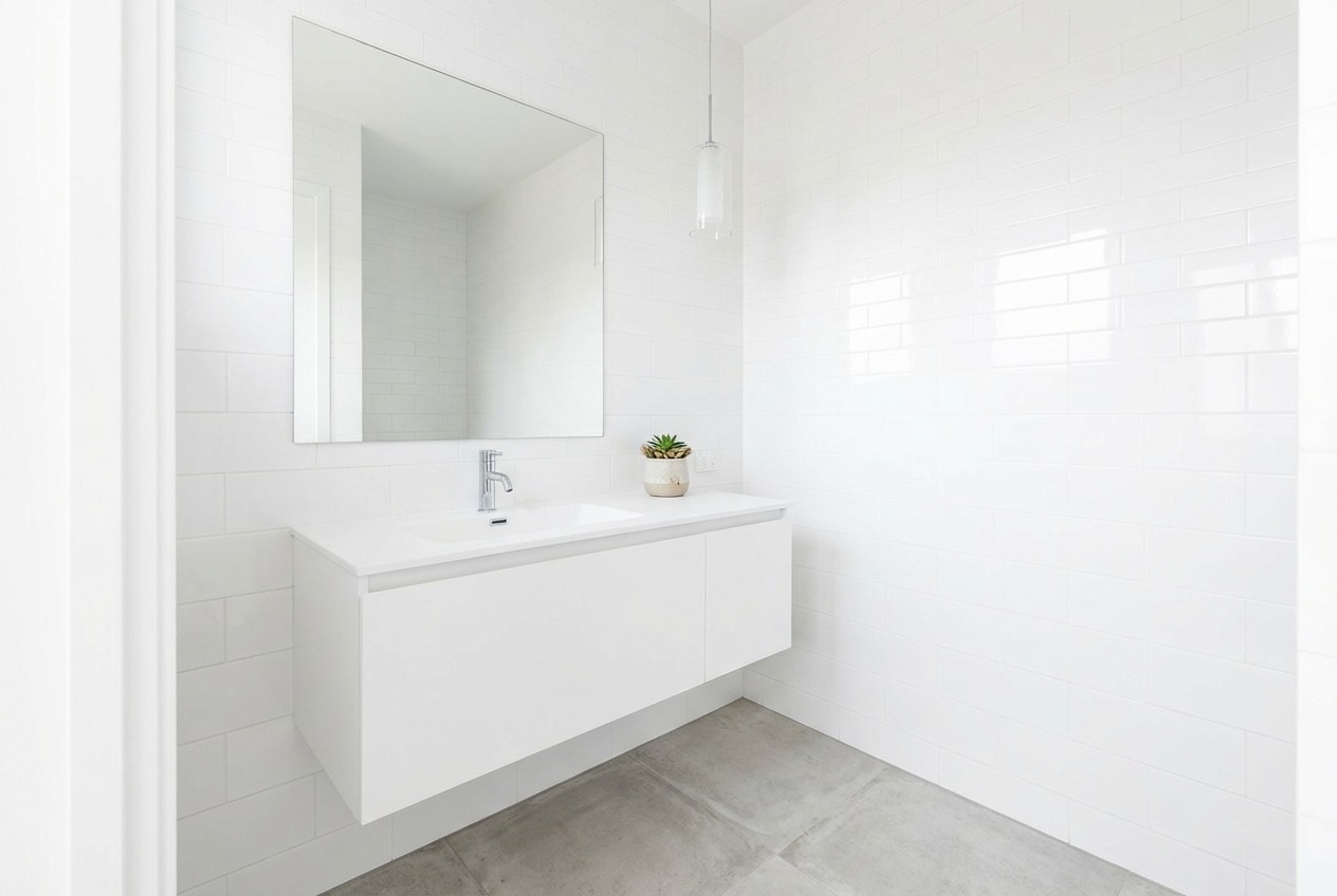 Modern minimalist powder room renovation with floating vanity and clean lines