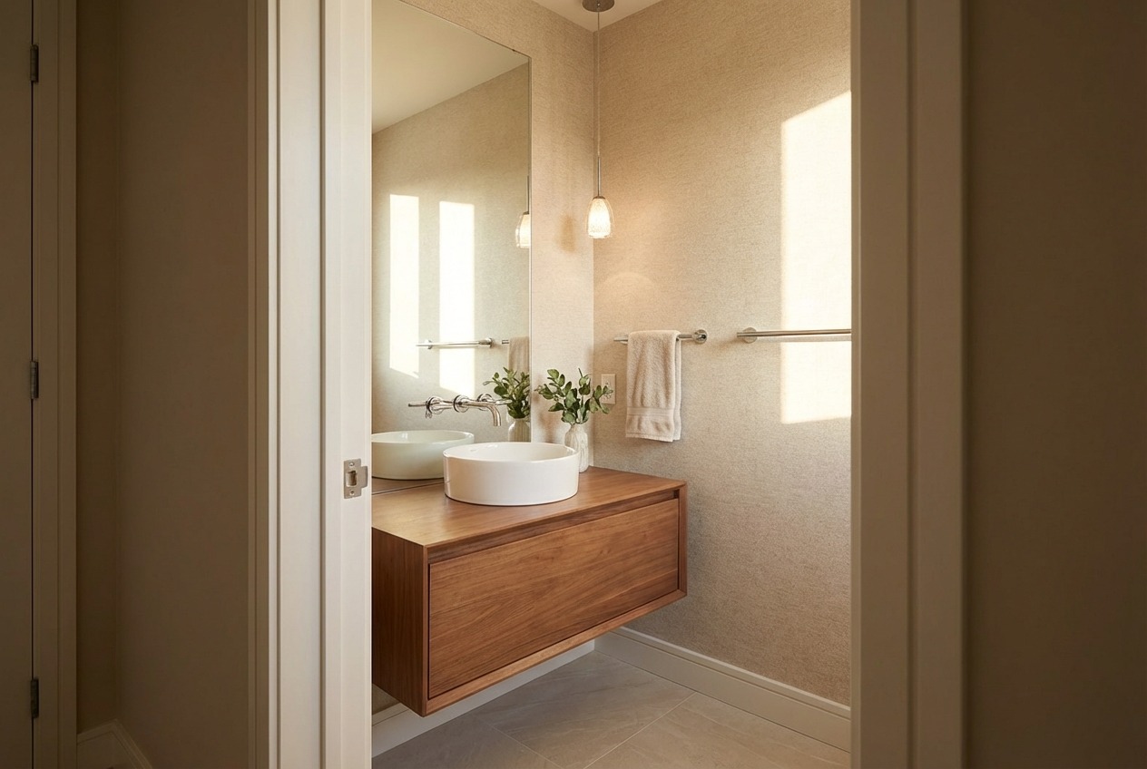 Modern powder room renovation in Richmond Hill by RenoEthics