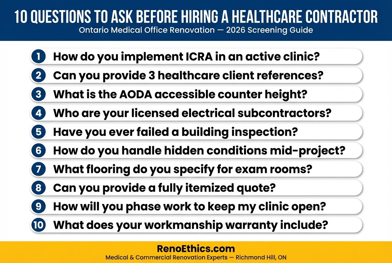 Infographic: 10 questions to ask before hiring a medical office renovation contractor in Ontario — save and share