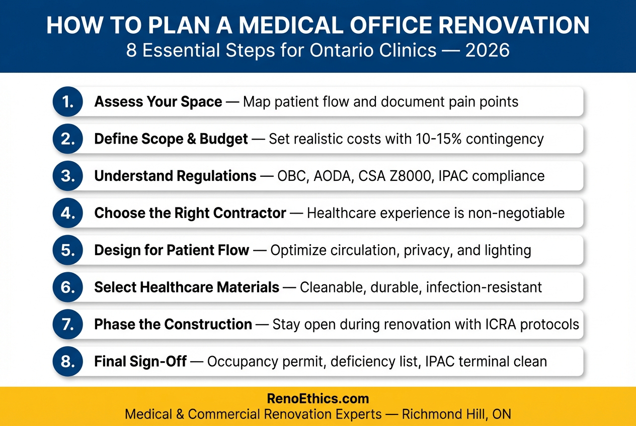 Infographic showing the 8 steps to planning a medical office renovation in Ontario — from needs assessment to final sign-off
