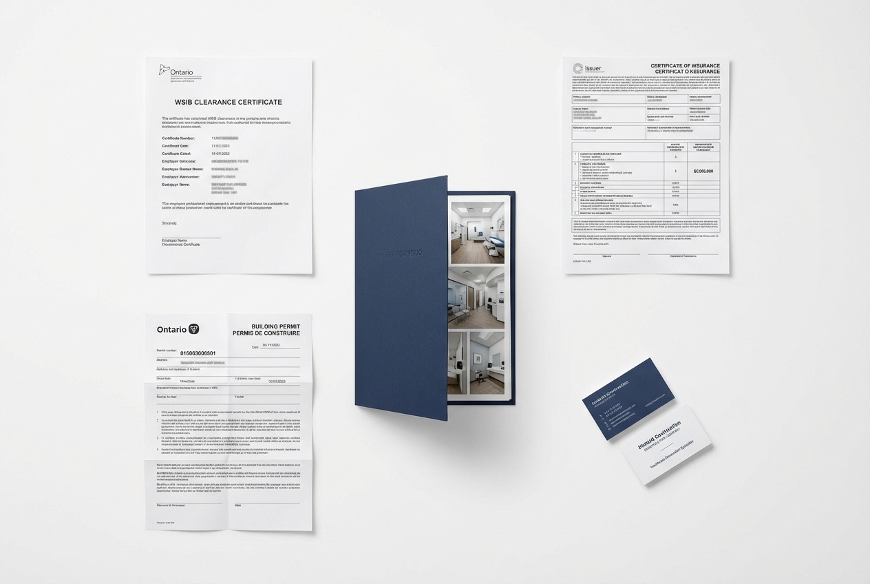 Flat-lay of contractor credentials documents: WSIB clearance certificate, general liability insurance certificate, healthcare project portfolio photos, and building permit on a white surface