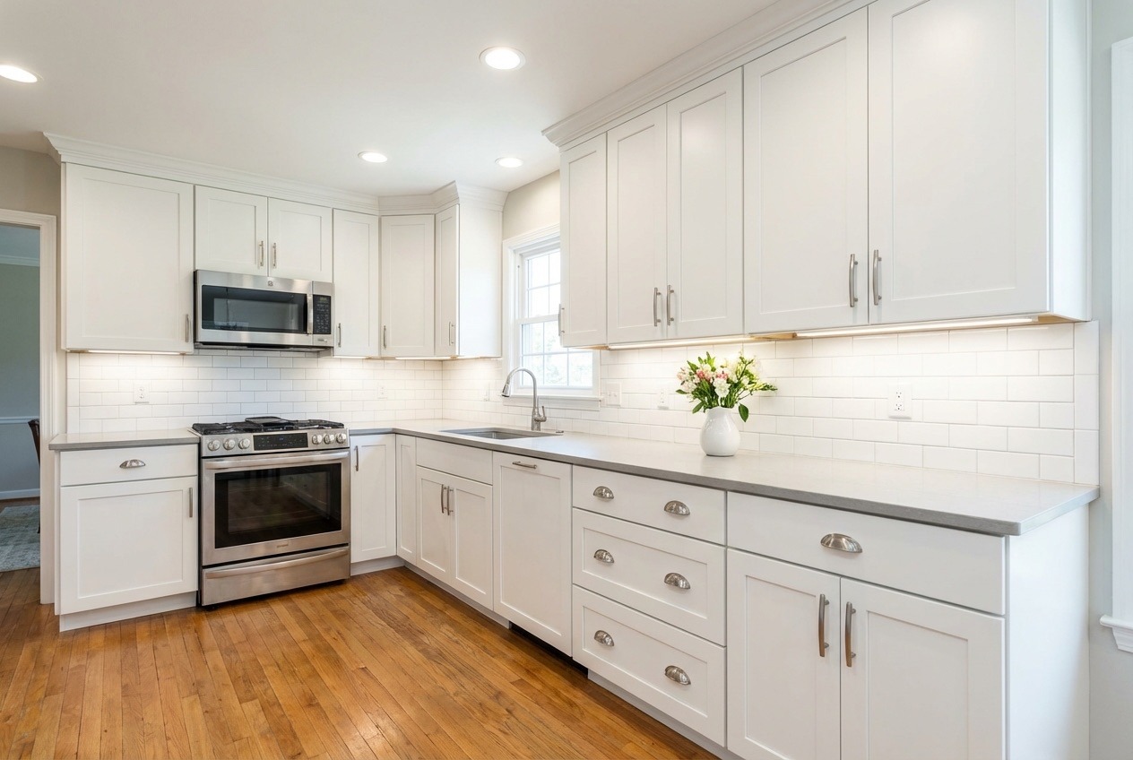 Cabinet refacing project with new white shaker doors in Vaughan