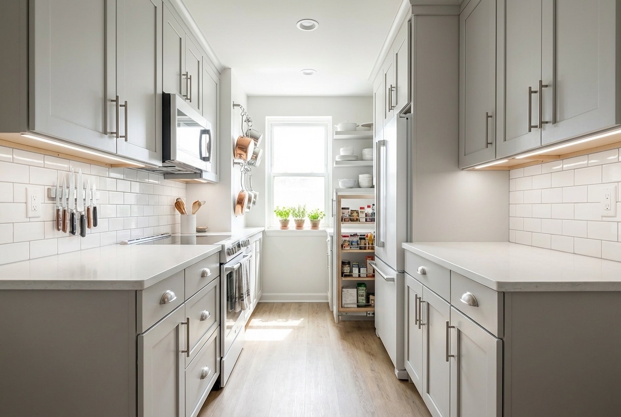 Compact galley kitchen with maximized storage in Newmarket