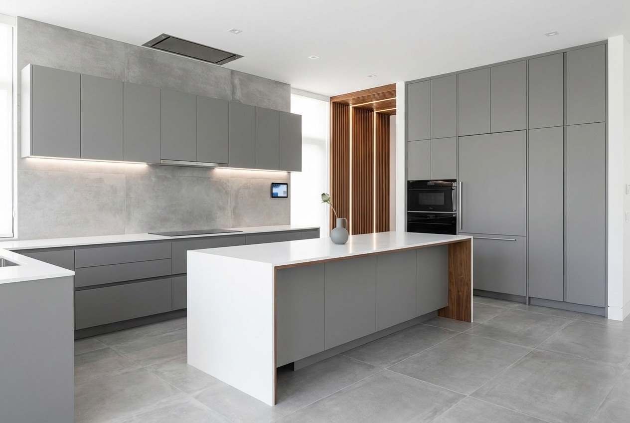 Contemporary kitchen with handleless cabinets and integrated appliances in Barrie