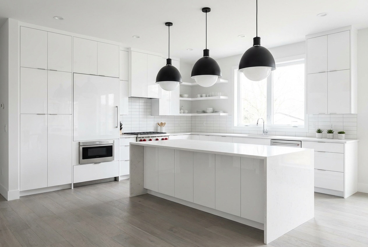 Modern white kitchen with island and waterfall quartz countertops in Richmond Hill