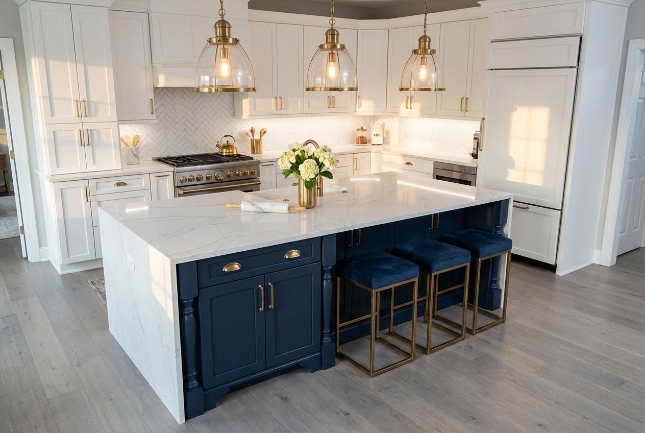 Two-tone cabinet kitchen with navy island in Bradford