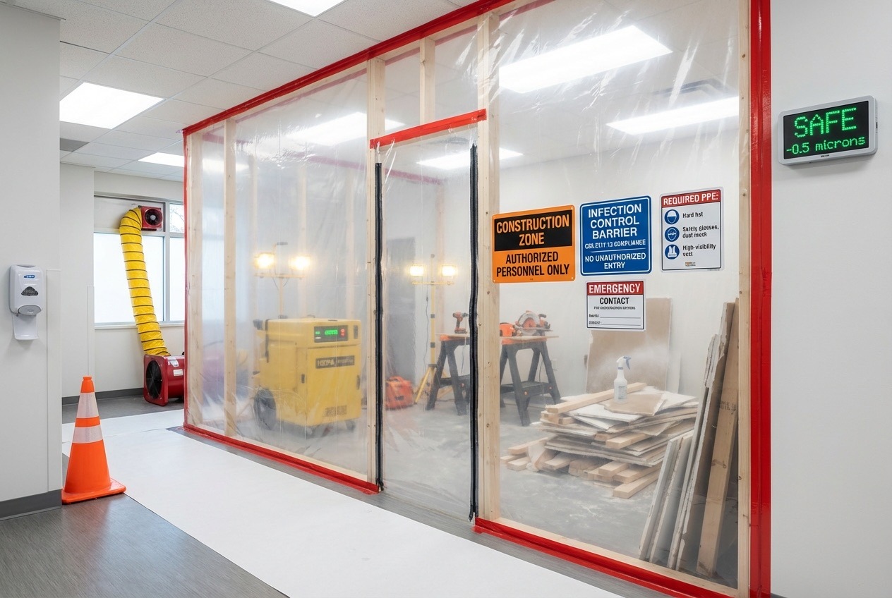 Medical office construction site showing IPAC infection control barriers with floor-to-ceiling plastic sheeting, negative air pressure containment, HEPA air scrubbers, and dust control measures during healthcare facility renovation in occupied clinic following CSA Z317.13 standards