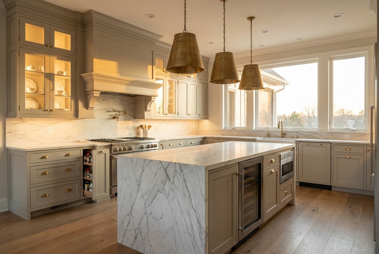 Custom luxury kitchen with marble countertops, brass hardware, and custom wood range hood