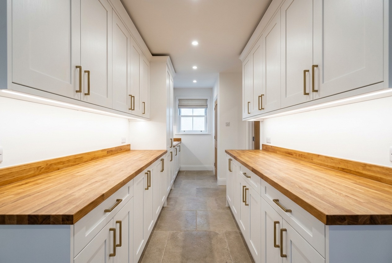 Richmond Hill galley kitchen with pull-out pantry and ceiling-height uppers