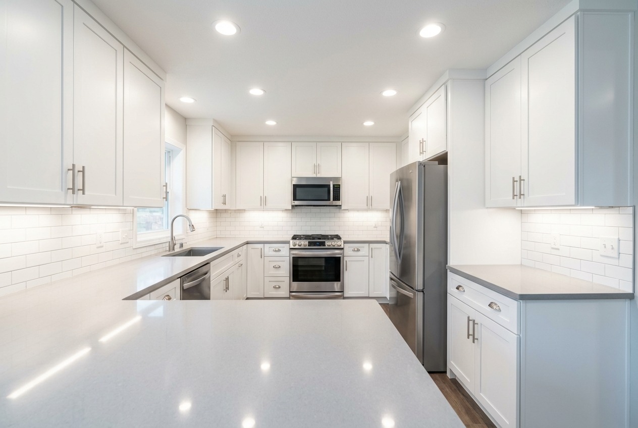 Semi-custom white shaker kitchen cabinets with brushed nickel hardware and quartz countertops