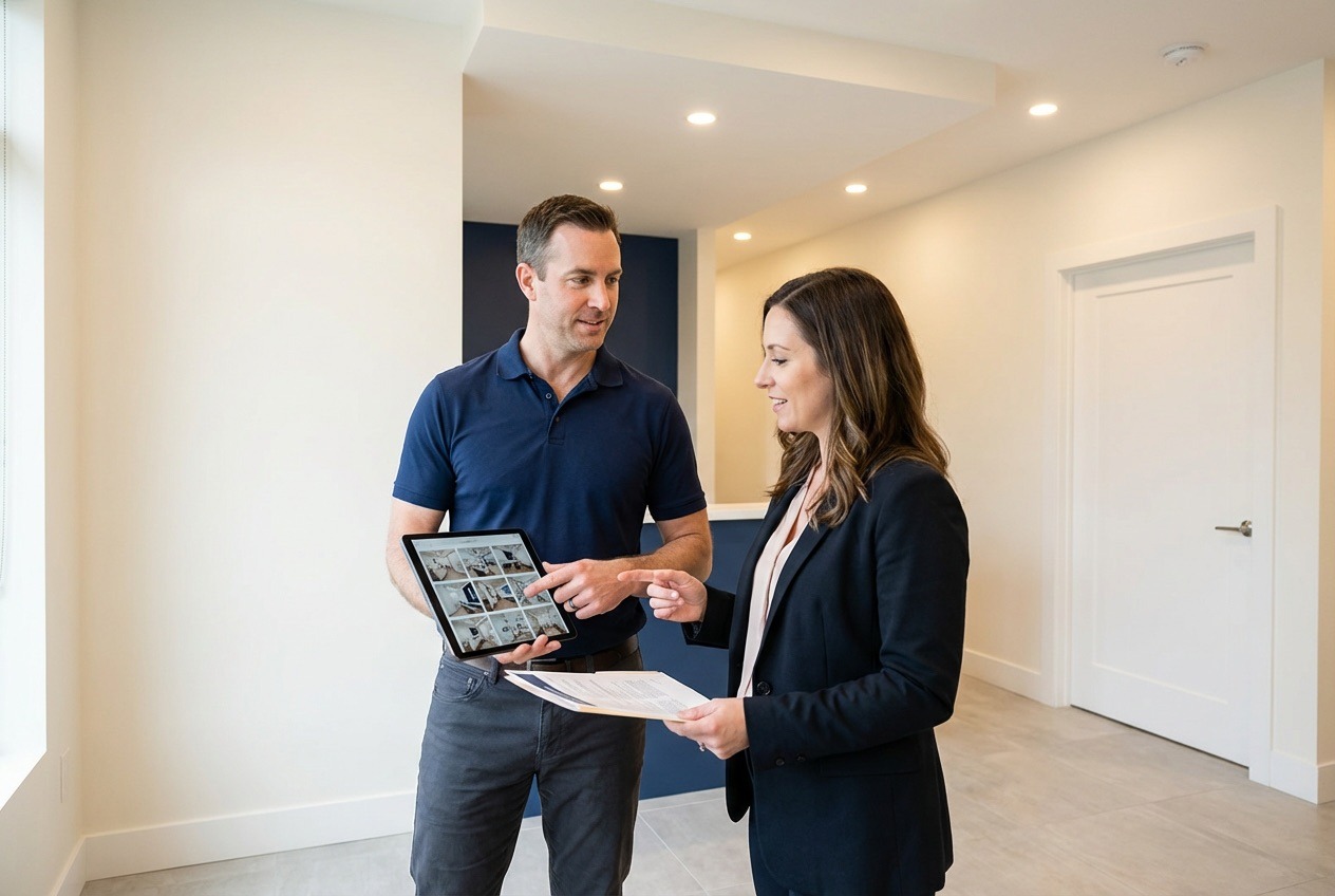Healthcare renovation contractor presenting portfolio and credentials on a tablet to a clinic owner inside a finished modern medical office in Ontario