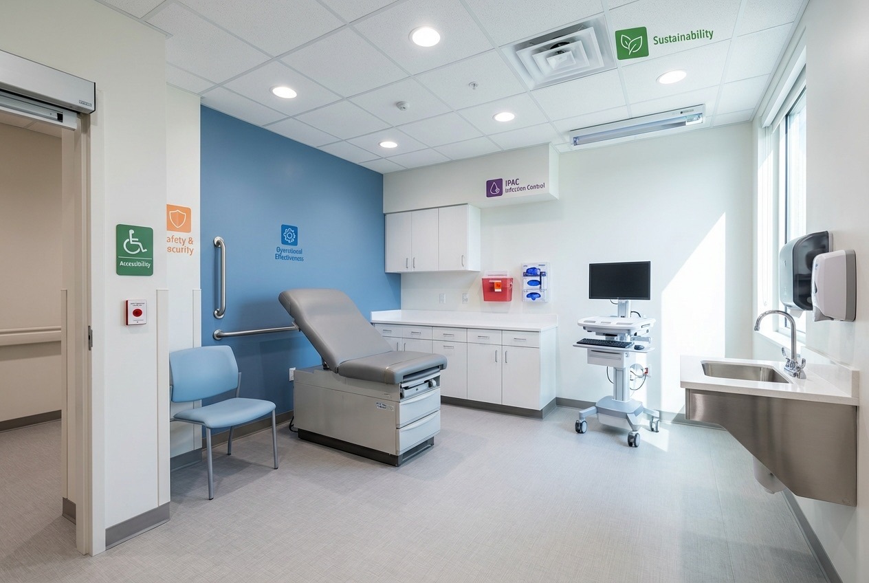 Medical office renovation blueprints and building permit documents spread on construction desk with architectural plans showing exam room layouts, HVAC specifications, and accessibility features for Ontario healthcare facility compliance