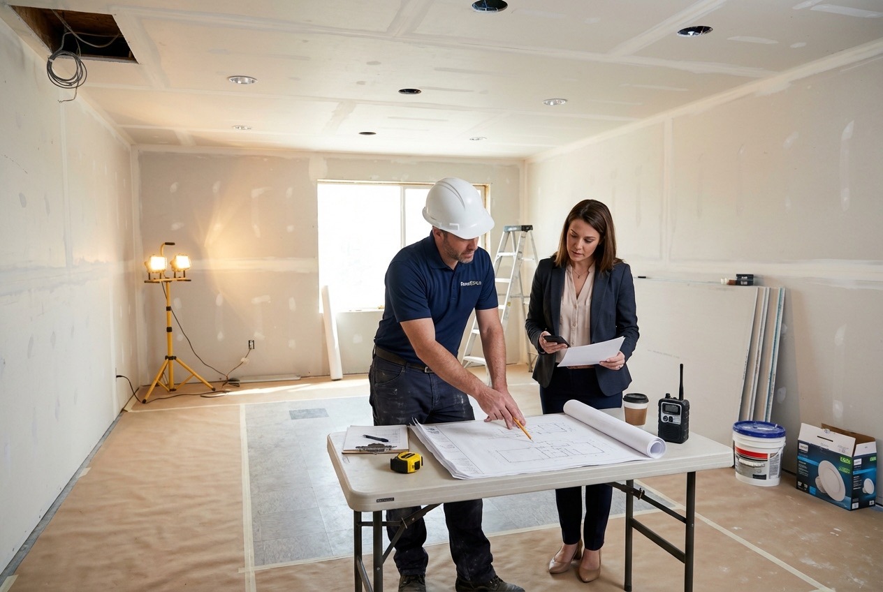 Healthcare contractor and clinic owner reviewing architectural drawings inside a partially renovated medical office in Ontario