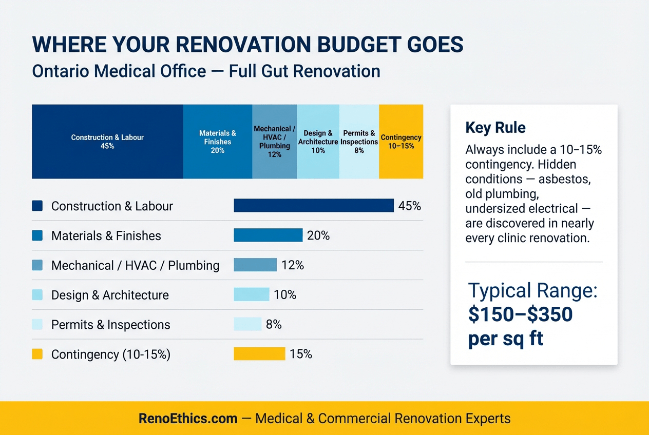 Infographic: Medical office renovation budget breakdown showing percentage allocation for construction, materials, design, mechanical, permits and contingency
