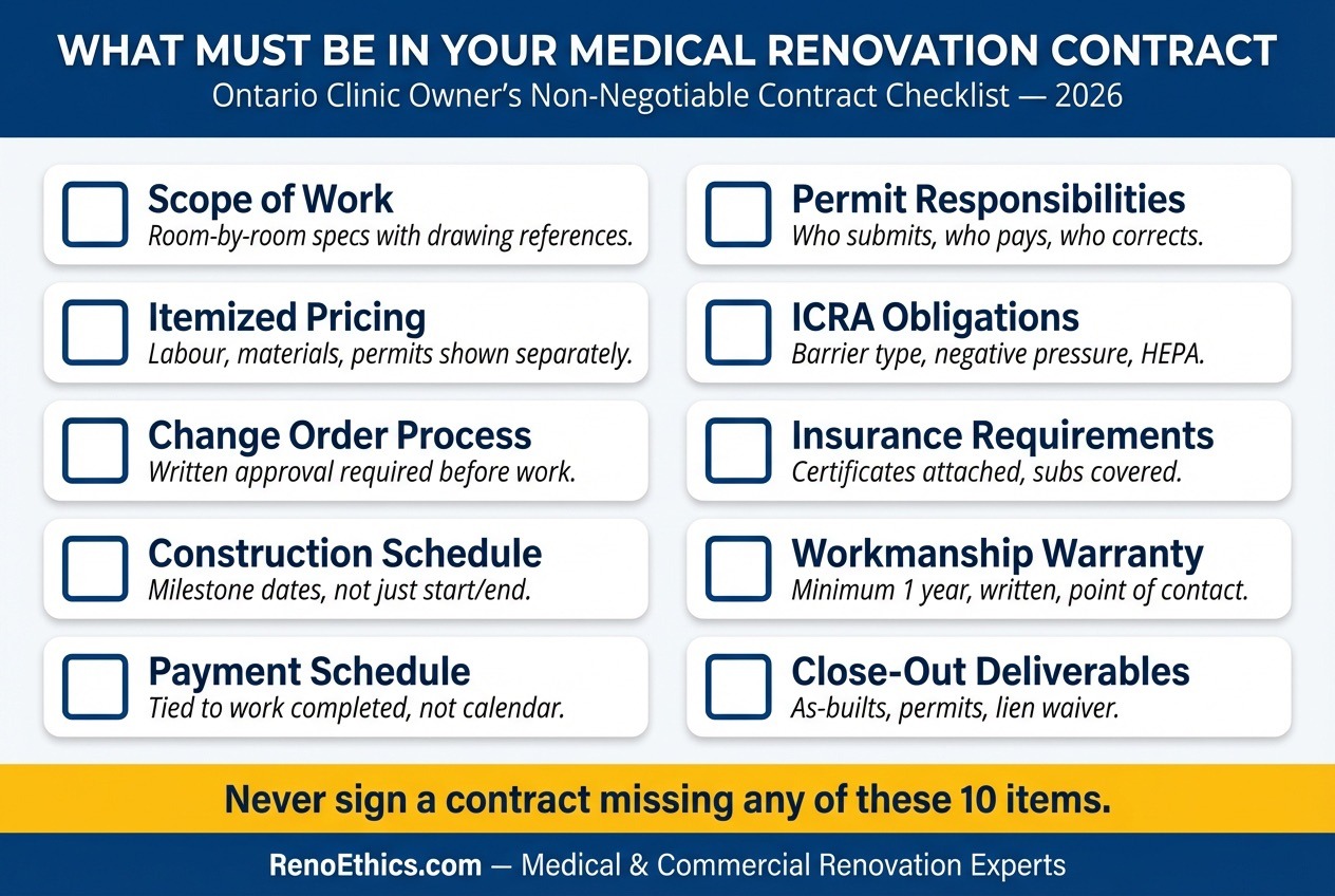 Infographic: What must be in your medical office renovation contract — complete checklist for Ontario clinic owners