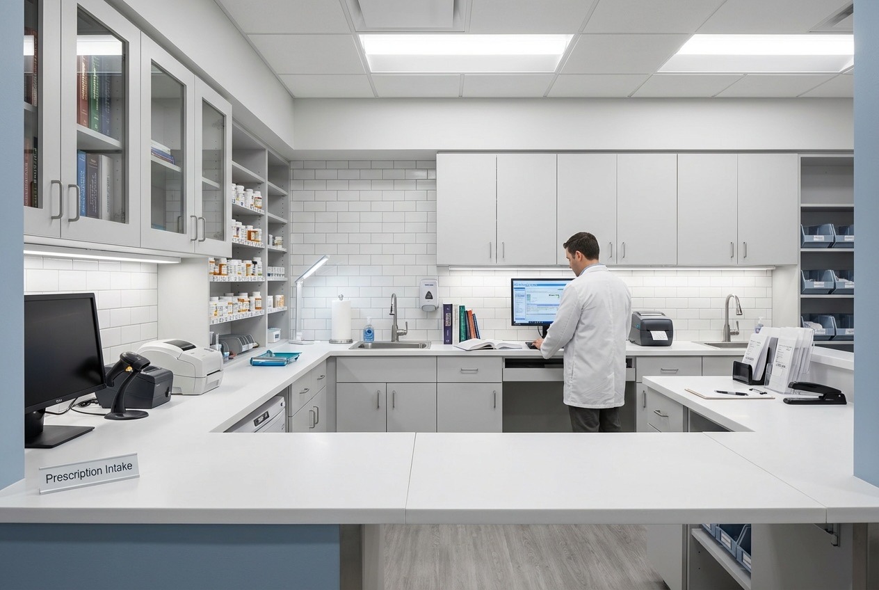 Pharmacy lighting design example showing three-layer approach: ambient LED panels at 3500K in retail area, bright task lighting at 4500K above dispensary workstations, and accent LED strip lights under cabinets, demonstrating proper illumination levels for prescription accuracy and customer comfort in Ontario pharmacy