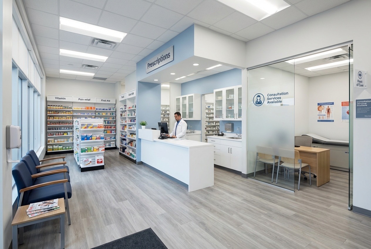 Modern Ontario pharmacy interior showing clinical service focus with retail area, professional dispensary behind counter, glass-walled consultation room, and patient waiting area meeting 2026 OCP compliance standards