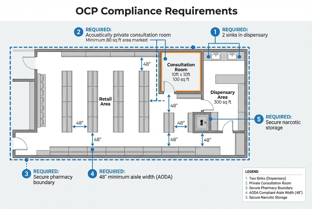 Ontario College of Pharmacists OCP compliance requirements diagram showing mandatory elements: two sinks in dispensary, acoustically private consultation room, secure pharmacy boundary, AODA accessibility standards, and narcotic storage for pharmacy renovations