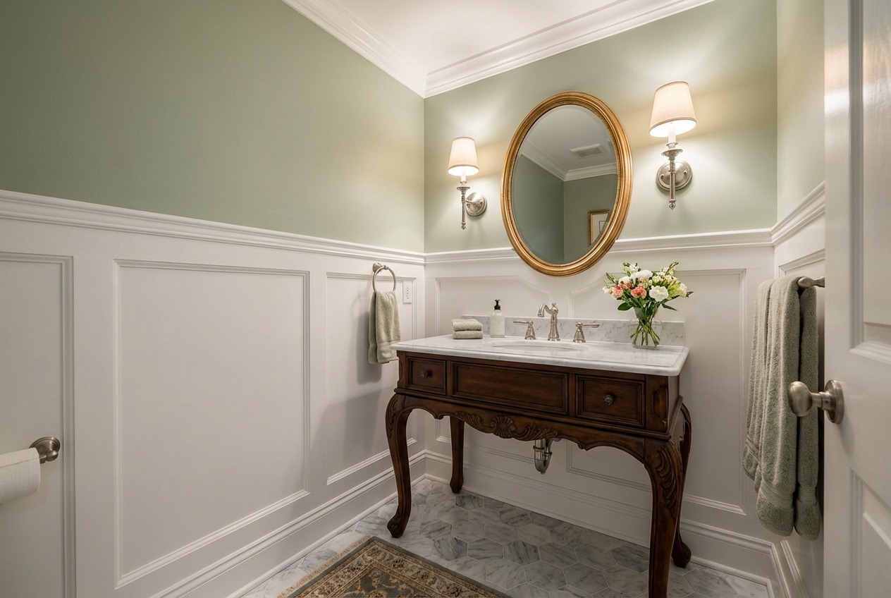Traditional elegant powder room with wainscoting and marble floor