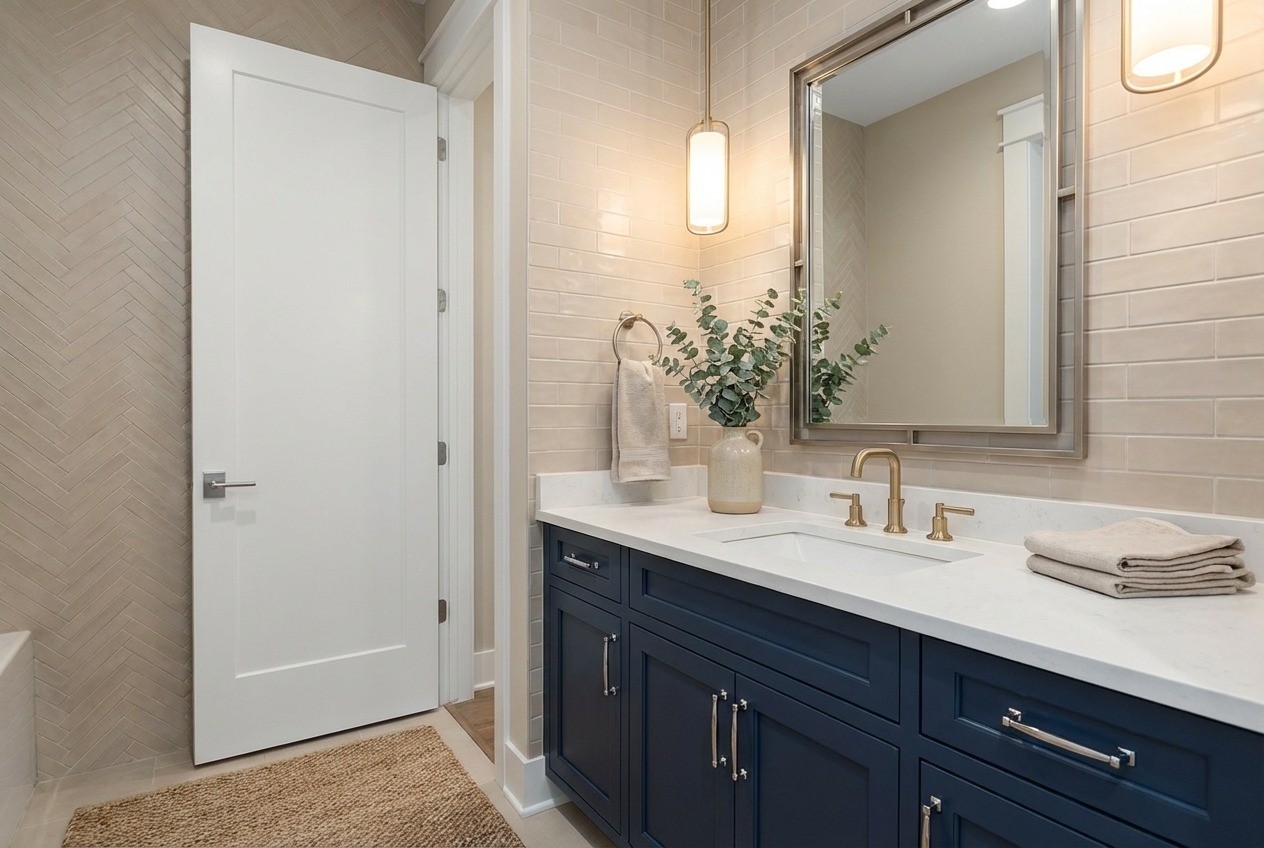 Transitional style powder room blending modern and classic design elements