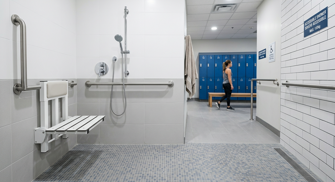 AODA-compliant accessible roll-in shower in Ontario physiotherapy clinic with fold-down seat and grab bars