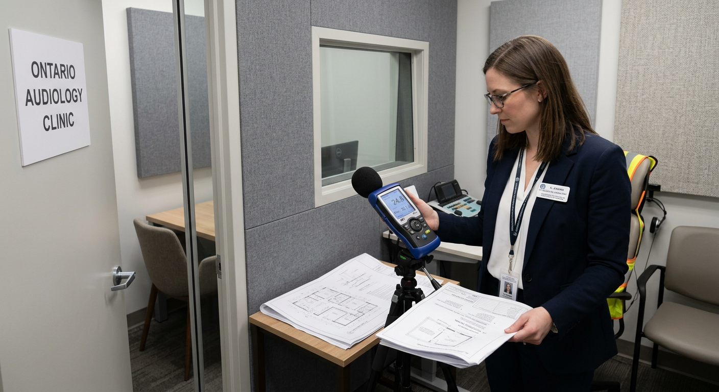 Acoustical consultant verifying ISO 8253-1 CASLPA compliance in newly renovated Ontario audiology clinic