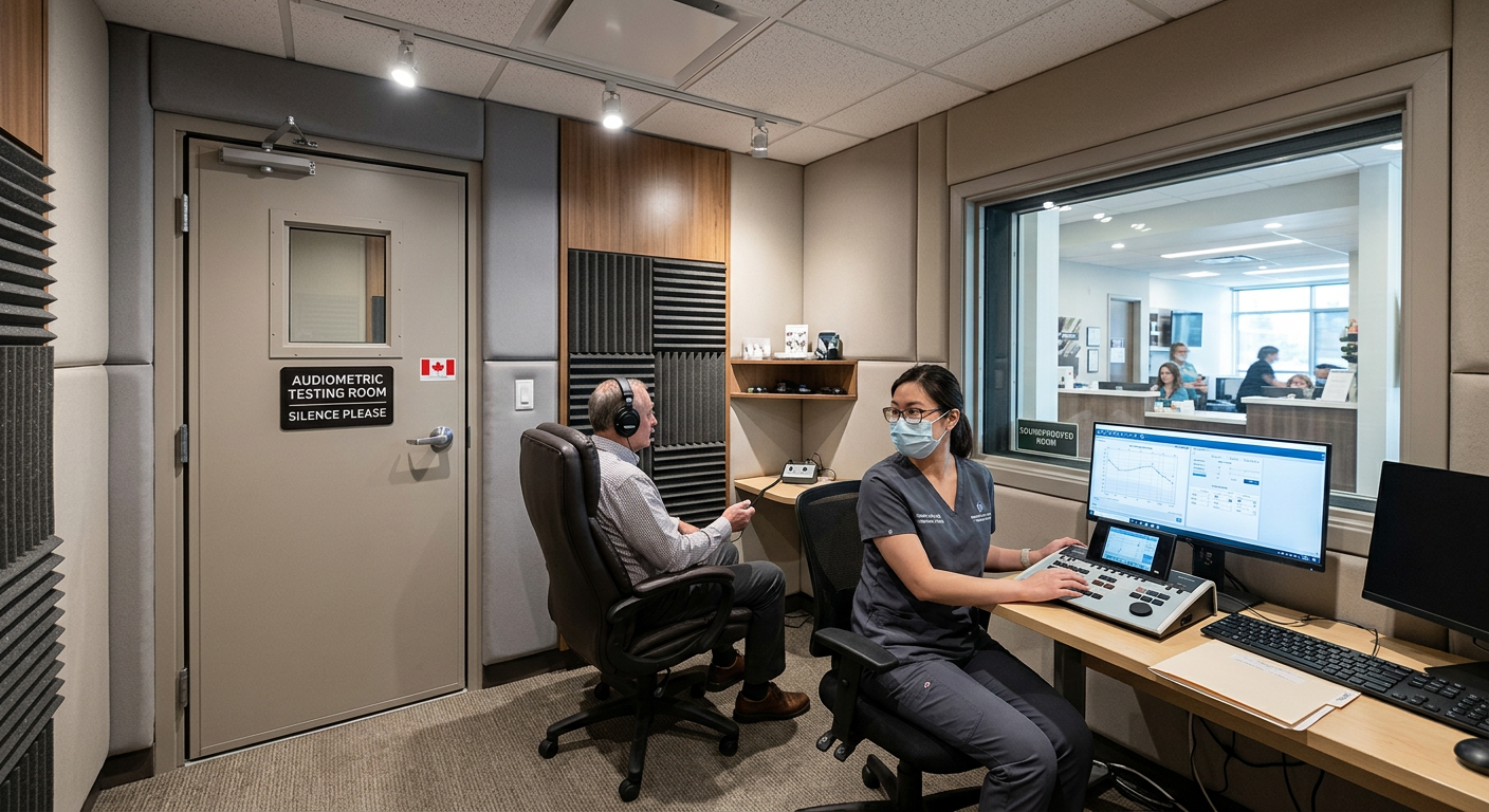 Audiology Clinic Renovation in Ontario: Sound Testing Rooms, CASLPA Standards & Costs (2026) 24 Modern Ontario audiology clinic sound testing room with acoustic walls, audiometer equipment and CASLPA-compliant construction