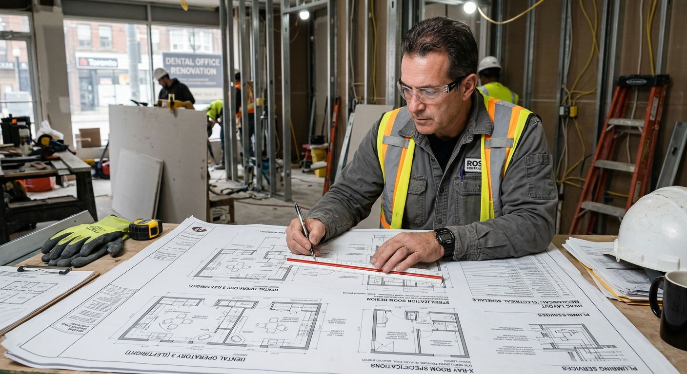 Dental office renovation contractor reviewing RCDSO-compliant construction plans in Ontario