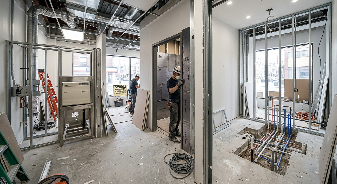 Dental office renovation in Ontario showing specialty cost drivers including operatory rough-in X-ray shielding and sterilization room