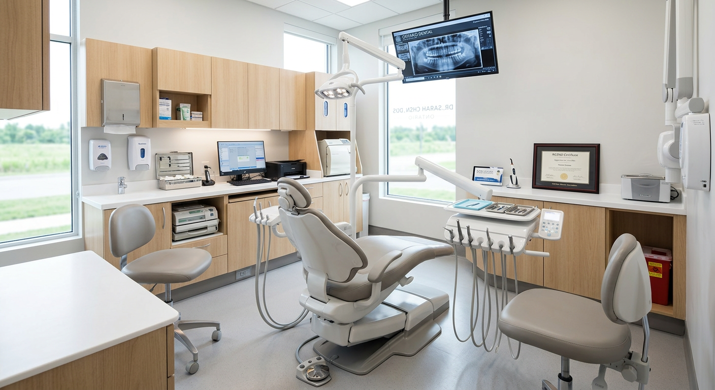 Modern RCDSO-compliant dental operatory renovation in Ontario with contemporary cabinetry and clinical lighting