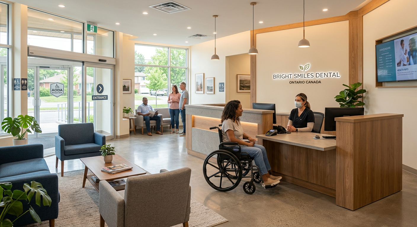 AODA accessible dental office waiting area with lowered reception counter in Ontario