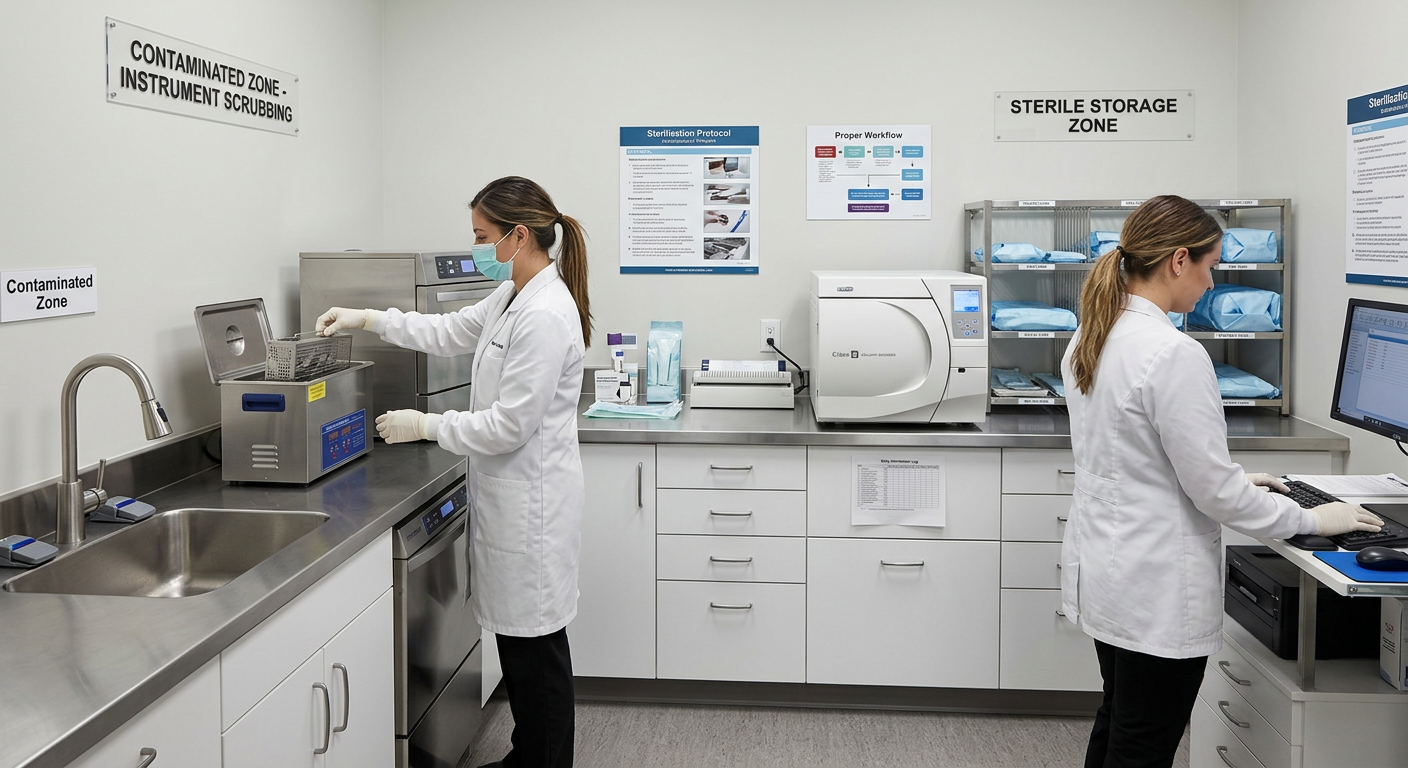 RCDSO-compliant dental sterilization room with dirty-to-clean workflow zones in Ontario clinic