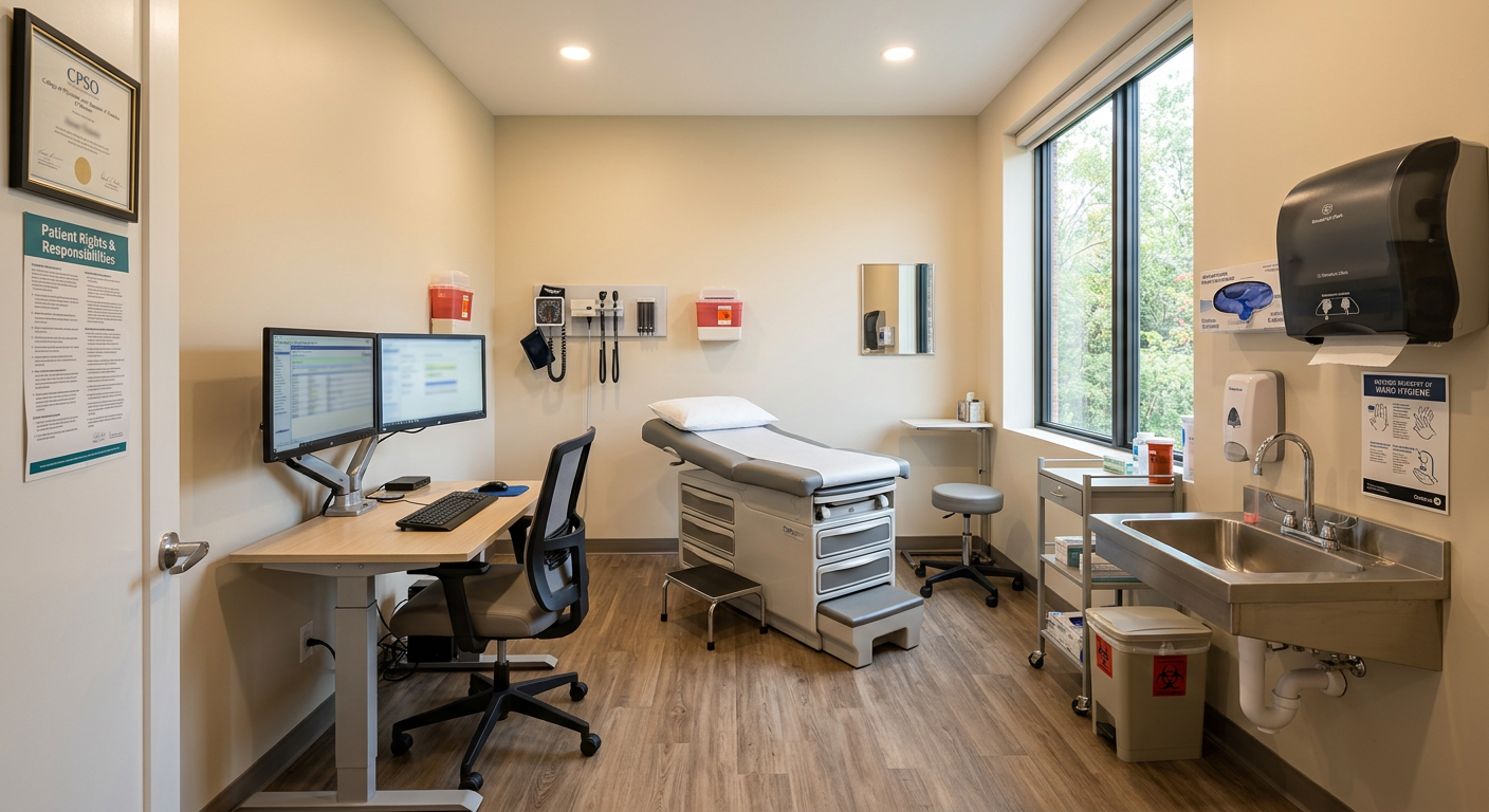 Modern CPSO-compliant GP family practice exam room in Ontario with EMR workstation and IPAC-compliant hand washing sink