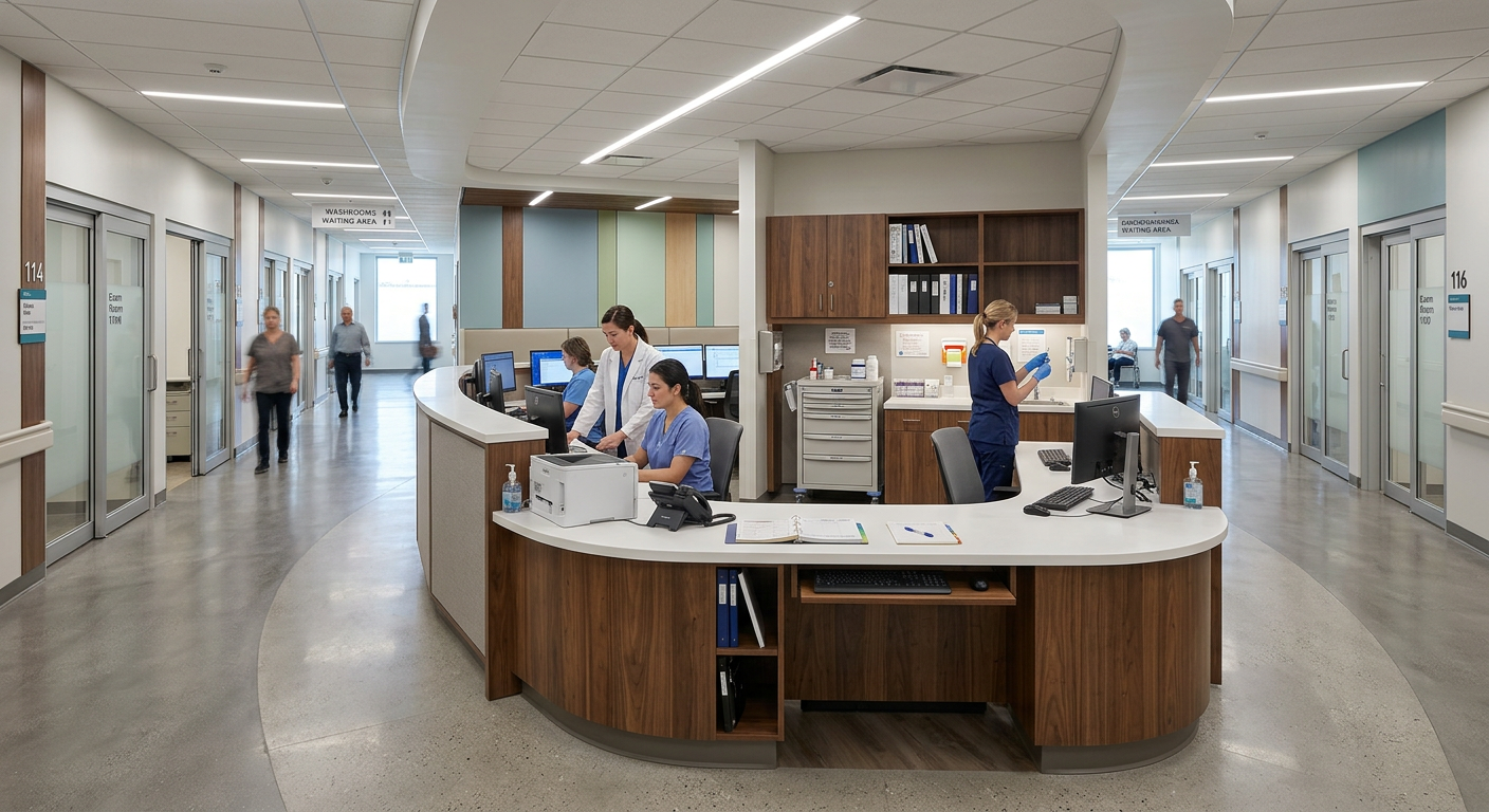Central nurses station in Ontario family health team clinic with race-track corridor layout and EMR workstations